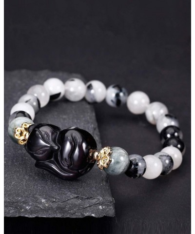 Obsidian Fox Bracelet Black Rutilated Quartz Gemstone Healing Crystals Elastic Jewelry Gifts for Women $13.34 Bracelets