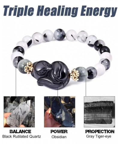 Obsidian Fox Bracelet Black Rutilated Quartz Gemstone Healing Crystals Elastic Jewelry Gifts for Women $13.34 Bracelets