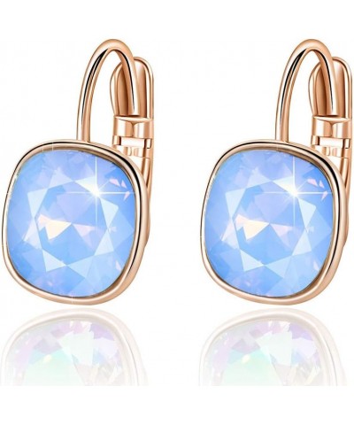 Austrian Crystal Square Cushion Drop Leverback Earrings for Women 14K Rose Gold Plated Hypoallergenic Jewelry Air Blue Opal $...