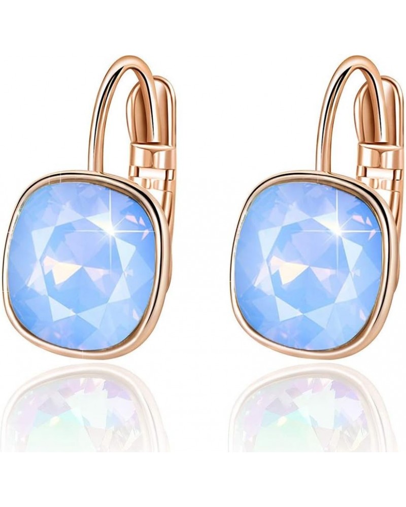 Austrian Crystal Square Cushion Drop Leverback Earrings for Women 14K Rose Gold Plated Hypoallergenic Jewelry Air Blue Opal $...