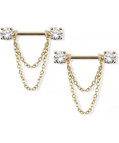 14GA 316L Stainless Steel Prong Set CZ Crystal Ends with Double Dangling Chains Nipple Barbells, Sold as a Pair Gold Tone $9....