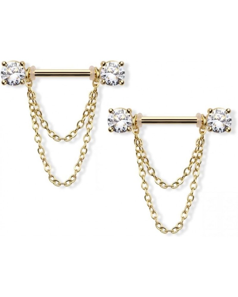 14GA 316L Stainless Steel Prong Set CZ Crystal Ends with Double Dangling Chains Nipple Barbells, Sold as a Pair Gold Tone $9....