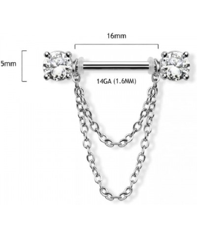 14GA 316L Stainless Steel Prong Set CZ Crystal Ends with Double Dangling Chains Nipple Barbells, Sold as a Pair Gold Tone $9....