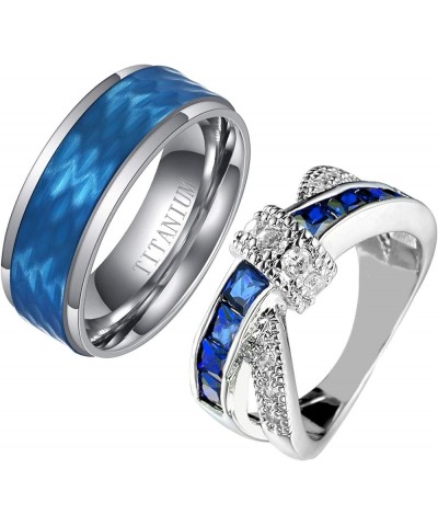 Couple Rings Princess cut Blue Cz Womens Wedding Ring Sets Titanium Steel Man Wedding Bands(Please Buy 2 Rings for 1 Pair) Bl...