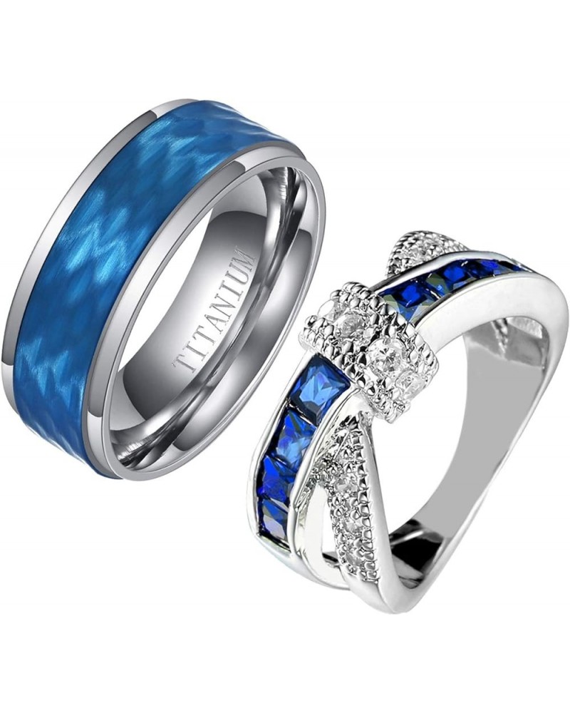 Couple Rings Princess cut Blue Cz Womens Wedding Ring Sets Titanium Steel Man Wedding Bands(Please Buy 2 Rings for 1 Pair) Bl...