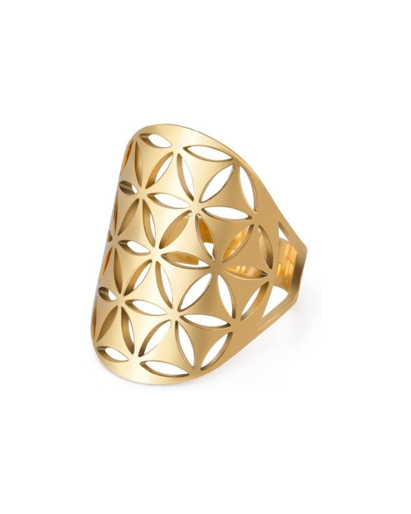 Cutout Flower of Life Mandala Ring for Women Sacred Geometry Ring Statement Stainless Steel Hollowed Out Adjustable Band Ring...