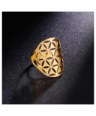 Cutout Flower of Life Mandala Ring for Women Sacred Geometry Ring Statement Stainless Steel Hollowed Out Adjustable Band Ring...