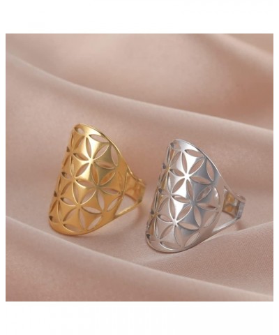 Cutout Flower of Life Mandala Ring for Women Sacred Geometry Ring Statement Stainless Steel Hollowed Out Adjustable Band Ring...