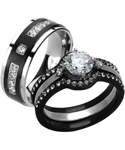 His and Her 4 Piece Black and Silver Stainless Steel and Titanium Wedding Ring Band Set Size Women's 09 Men's 07 $20.91 Sets