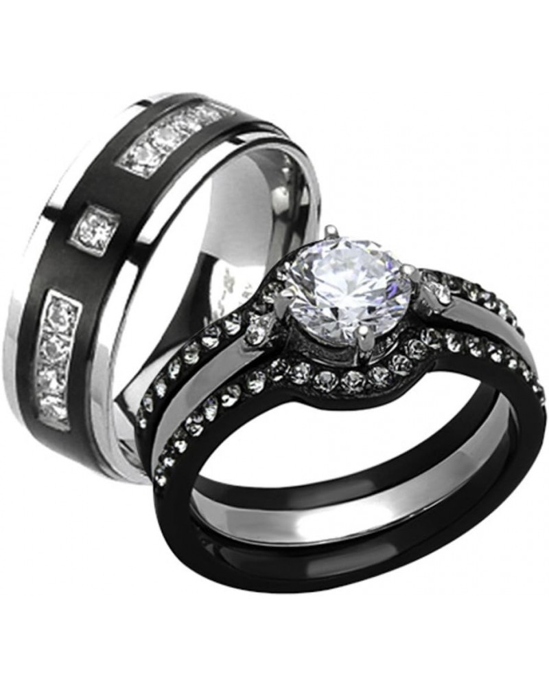 His and Her 4 Piece Black and Silver Stainless Steel and Titanium Wedding Ring Band Set Size Women's 09 Men's 07 $20.91 Sets