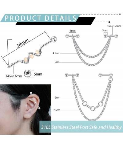 14G 16G Industrial Piercing Jewelry Stainless Steel Industrial Earrings with Chain Dangle Industrial Piercing Cartilage Helix...