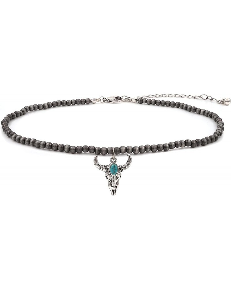 Turquoise Stone Silvertone Pendant Faux Navajo Pearl Choker Necklace 12 Inch Steer Skull $8.53 Necklaces