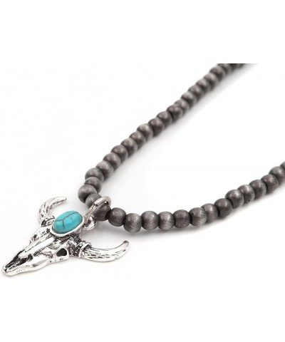 Turquoise Stone Silvertone Pendant Faux Navajo Pearl Choker Necklace 12 Inch Steer Skull $8.53 Necklaces