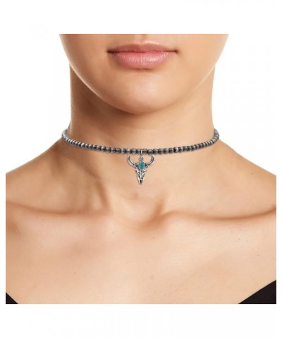 Turquoise Stone Silvertone Pendant Faux Navajo Pearl Choker Necklace 12 Inch Steer Skull $8.53 Necklaces