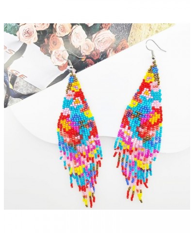 Flower Beaded Earrings for Women, Long Big Large Boho Bohemian Statement Colorful Native Beaded Seed Bead Tassel Dangle Earri...