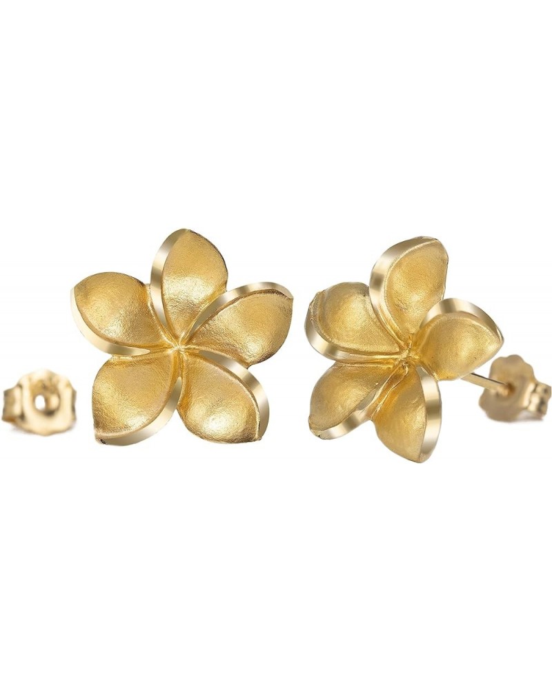 14K Solid Yellow Gold Hawaiian Plumeria Flower Stud Earrings, Nickel Free Hypoallergenic for Sensitive Skin, For Mom Women Da...