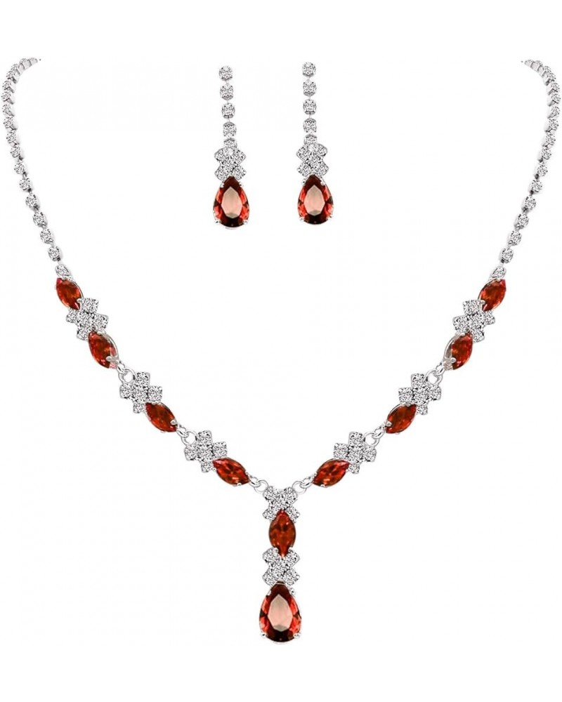 CZ Crystal Earrings Necklace Bracelet Jewelry Set for Women Costume Party Bride Bridesmaid Wedding Prom Jewelry RED-2SET $9.8...