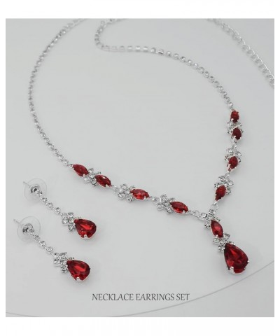 CZ Crystal Earrings Necklace Bracelet Jewelry Set for Women Costume Party Bride Bridesmaid Wedding Prom Jewelry RED-2SET $9.8...