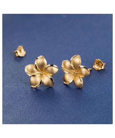 14K Solid Yellow Gold Hawaiian Plumeria Flower Stud Earrings, Nickel Free Hypoallergenic for Sensitive Skin, For Mom Women Da...