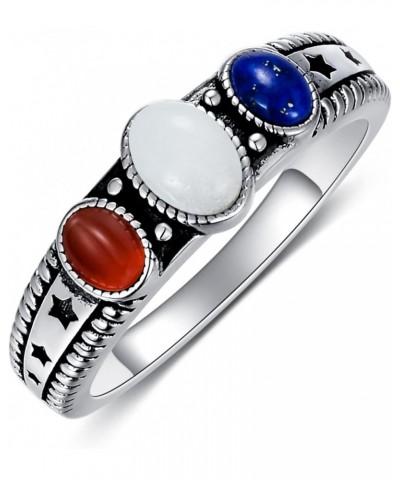 Gemstone Rings 925 Sterling Silver Red Agate Blue Lapis White Agate Oval 3-Stone Handmade Natural Stone Ring Patriotic Elemen...