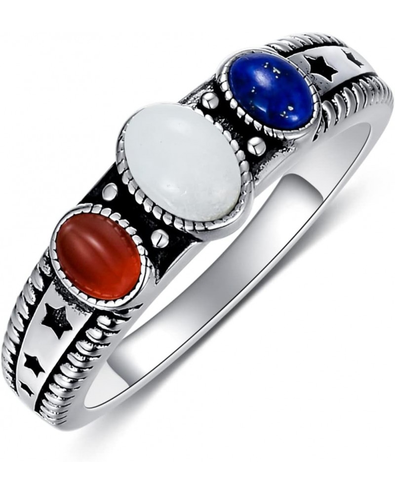 Gemstone Rings 925 Sterling Silver Red Agate Blue Lapis White Agate Oval 3-Stone Handmade Natural Stone Ring Patriotic Elemen...