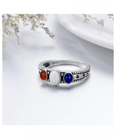 Gemstone Rings 925 Sterling Silver Red Agate Blue Lapis White Agate Oval 3-Stone Handmade Natural Stone Ring Patriotic Elemen...