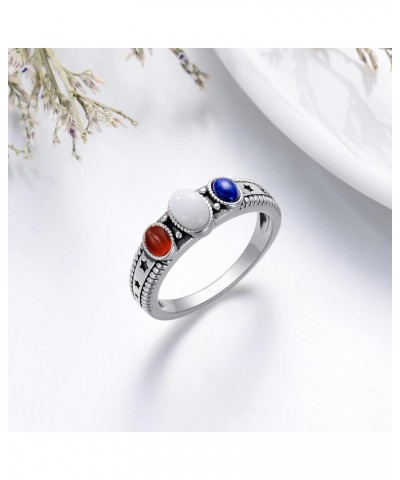 Gemstone Rings 925 Sterling Silver Red Agate Blue Lapis White Agate Oval 3-Stone Handmade Natural Stone Ring Patriotic Elemen...