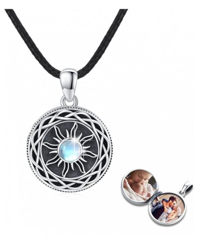 Sun Locket Necklace 925 Sterling Silver Picture Pendant Necklace Moonstone/Zircon Viking Celtic Knot Necklace Leather Cord Am...