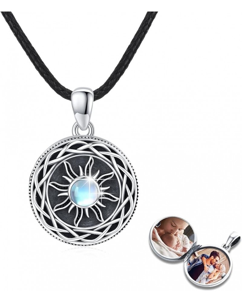 Sun Locket Necklace 925 Sterling Silver Picture Pendant Necklace Moonstone/Zircon Viking Celtic Knot Necklace Leather Cord Am...