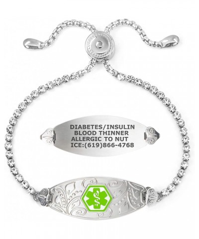 Bling-bling Filigree Medical Alert Bracelet for Women w/Adjustable Crystal Chain & Free Engraving – Various Styles Light Gree...