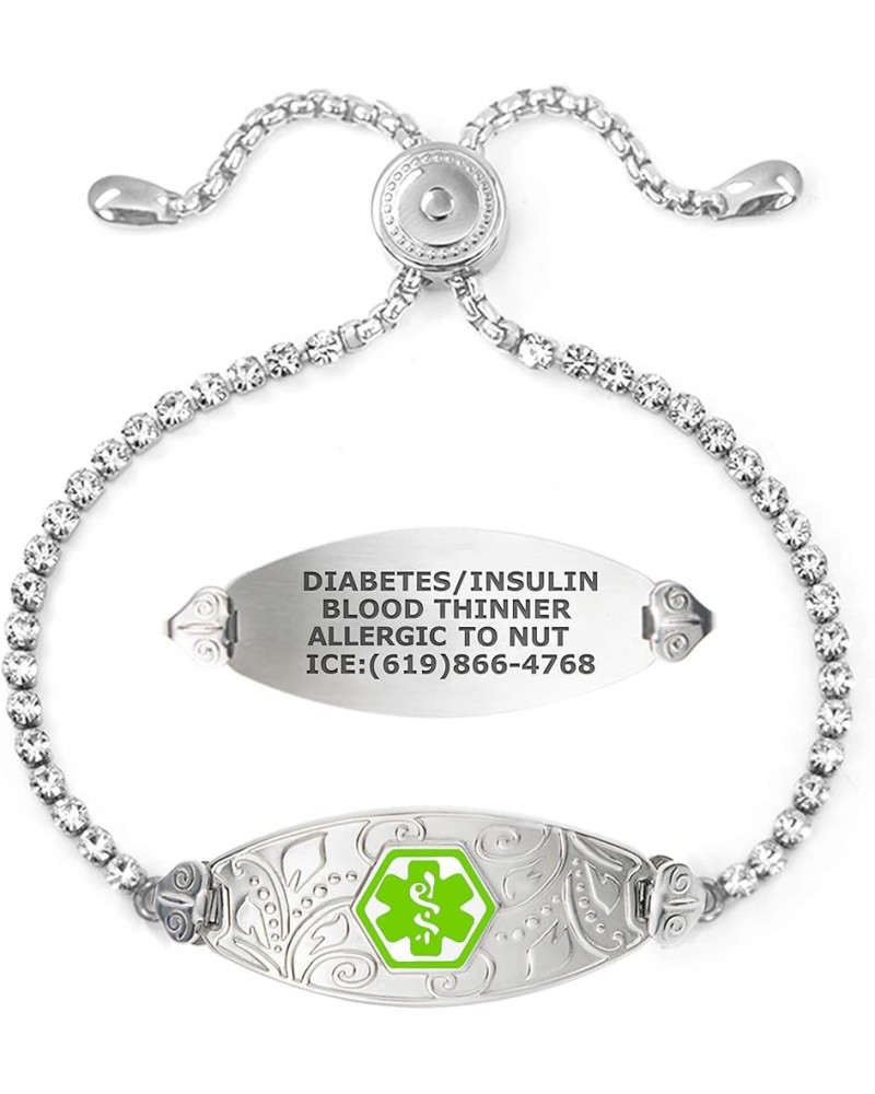 Bling-bling Filigree Medical Alert Bracelet for Women w/Adjustable Crystal Chain & Free Engraving – Various Styles Light Gree...