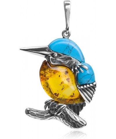 Amber Sterling Silver Blue Turquoise Kingfisher Bird Pendant Medium $24.50 Necklaces