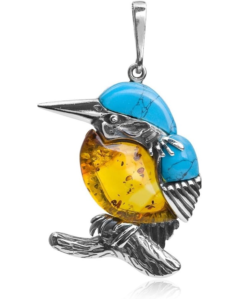 Amber Sterling Silver Blue Turquoise Kingfisher Bird Pendant Medium $24.50 Necklaces