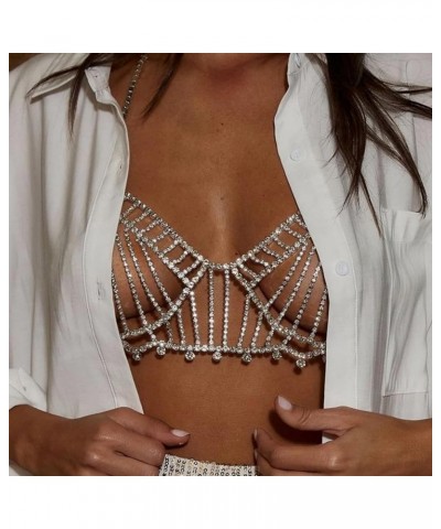 Tassel Mesh Rhinestone Chest Chain Bra Body Jewelry for women Sexy Silver Bikini Bra Body Chains Underwear Accessory Silver4 ...