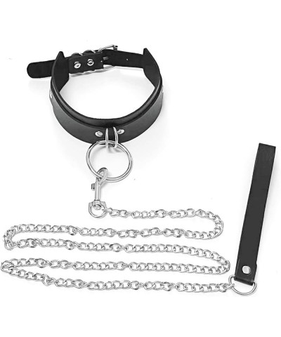 Men's Soft Black PU Leather Choker Collar Necklace With Leash Chain,Sexy Nightclub Submissive Jewelry Accessories Black+Big O...