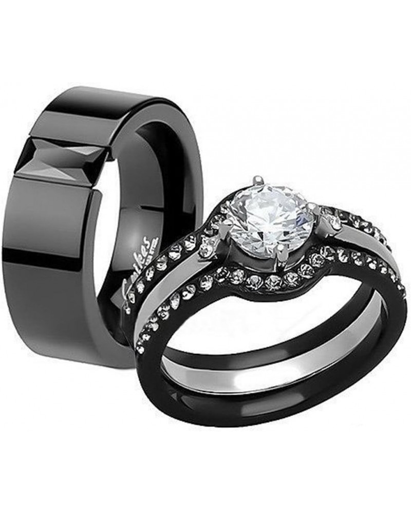 His and Hers 4 Piece?Black Ion Plated Stainless Steel Wedding Engagement Ring Band Set Women's Size 09 Men's 06mm Size 10 $22...