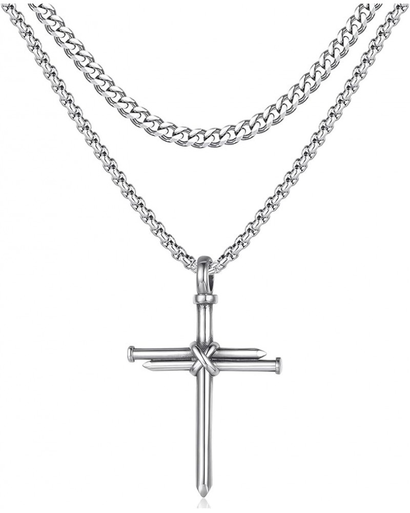 Cross Necklace for Men Cross Pendant STRENGTH Bible Verse Stainless Steel Necklace Layered Silver Cross $9.68 Necklaces