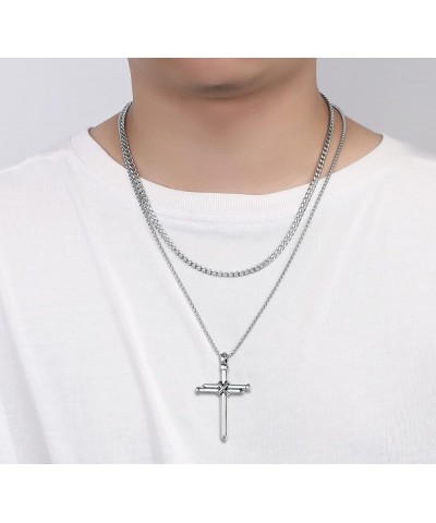 Cross Necklace for Men Cross Pendant STRENGTH Bible Verse Stainless Steel Necklace Layered Silver Cross $9.68 Necklaces