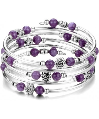 Wrap Bangle Rose Bead Bracelet - Beaded Bracelet with Natural Agate Stone Gifts For Women 01-Purple stone $10.59 Bracelets