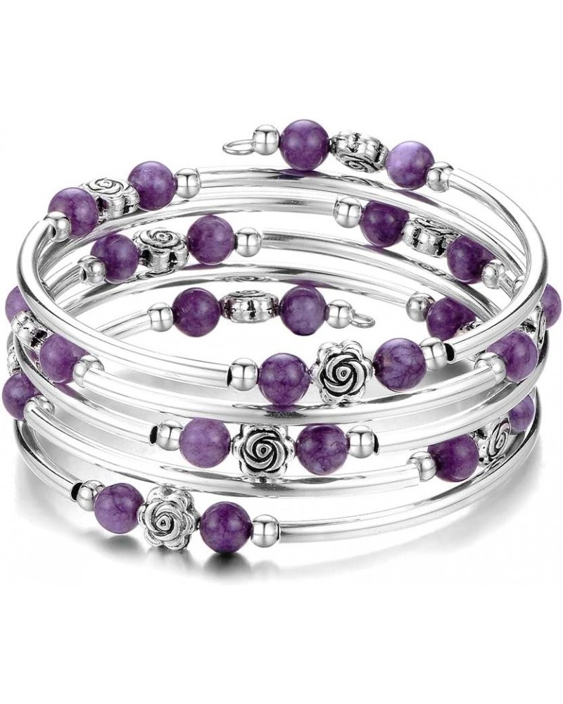 Wrap Bangle Rose Bead Bracelet - Beaded Bracelet with Natural Agate Stone Gifts For Women 01-Purple stone $10.59 Bracelets