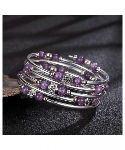 Wrap Bangle Rose Bead Bracelet - Beaded Bracelet with Natural Agate Stone Gifts For Women 01-Purple stone $10.59 Bracelets