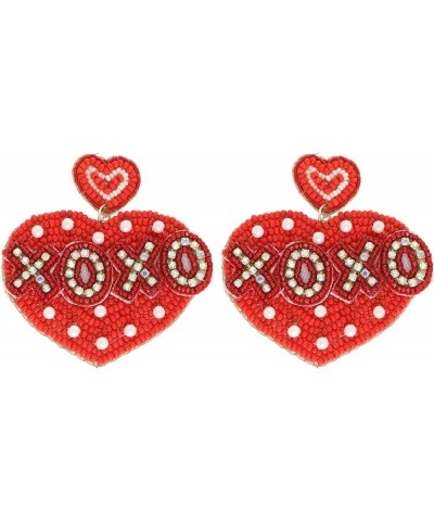 Beaded Heart Earrings XoXo Valentines Red Heart Dangling Earrings for Women Handmade Love Heart Shape Drop Dangle Earrings Re...