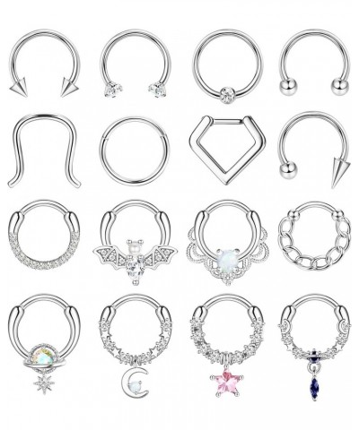 16 Pcs Gold Septum Rings 16G Surgical Steel Nose Rings Hoops Small CZ Dangle Horseshoe Septum Clicker Piercing Jewelry Cute L...