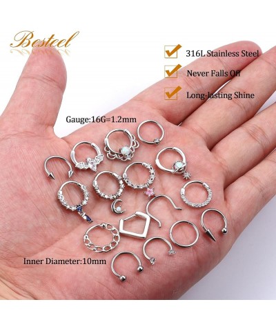 16 Pcs Gold Septum Rings 16G Surgical Steel Nose Rings Hoops Small CZ Dangle Horseshoe Septum Clicker Piercing Jewelry Cute L...