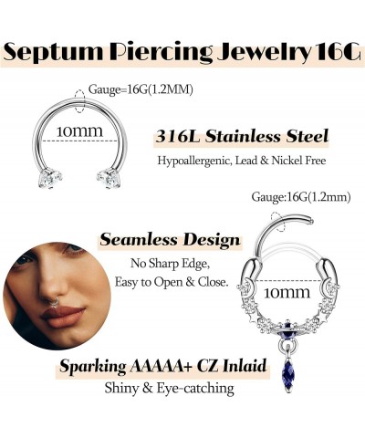 16 Pcs Gold Septum Rings 16G Surgical Steel Nose Rings Hoops Small CZ Dangle Horseshoe Septum Clicker Piercing Jewelry Cute L...