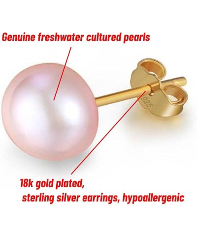 pink pearls 18K plate Gold stud Earrings for women Ladies Girl，Handpicked Genuine Freshwater's aquaculture Cultured AAAA+ Pea...