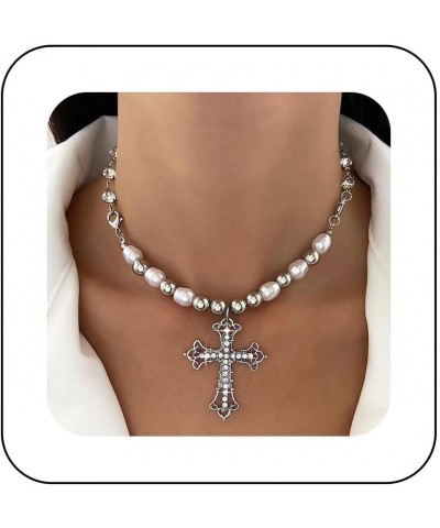 Punk Large Crystal Cross Necklace Choker Silver Pearl Choker Necklace Vintage Jesus Cross Necklace Chain Gothic Rhinestone Cr...