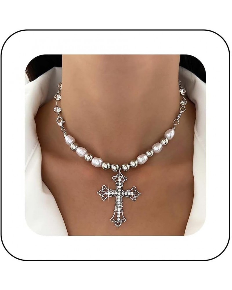 Punk Large Crystal Cross Necklace Choker Silver Pearl Choker Necklace Vintage Jesus Cross Necklace Chain Gothic Rhinestone Cr...