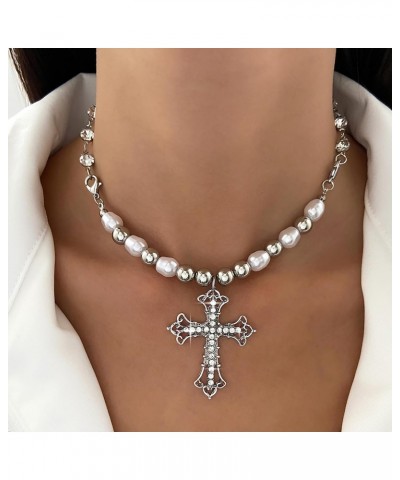 Punk Large Crystal Cross Necklace Choker Silver Pearl Choker Necklace Vintage Jesus Cross Necklace Chain Gothic Rhinestone Cr...