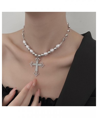 Punk Large Crystal Cross Necklace Choker Silver Pearl Choker Necklace Vintage Jesus Cross Necklace Chain Gothic Rhinestone Cr...